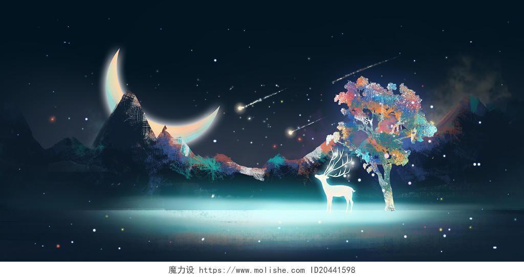 星空流星唯美星空下的鹿治愈系梦幻插画海报背景